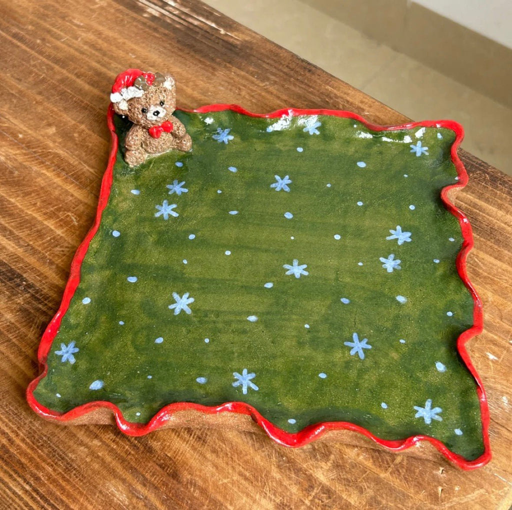 Christmas Bear Ceramic Mug & Plate Set - Hand Painted Snowflake Design, Cute Holiday Decor & Gift for Her - Artisan’s Reverie