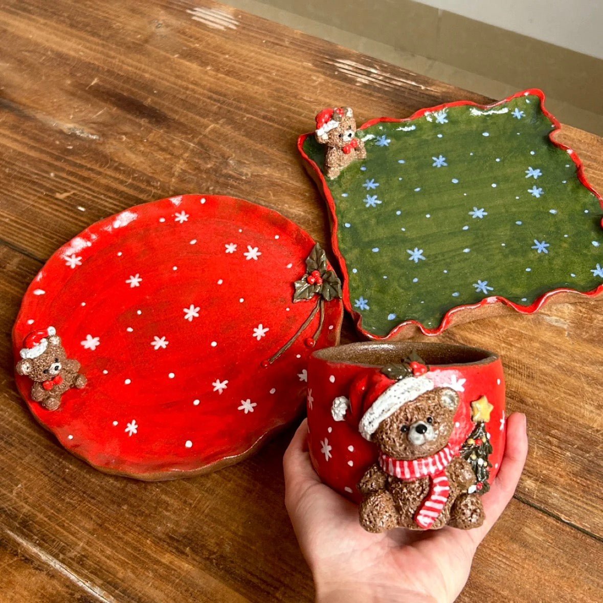 Christmas Bear Ceramic Mug & Plate Set - Hand Painted Snowflake Design, Cute Holiday Decor & Gift for Her - Artisan’s Reverie