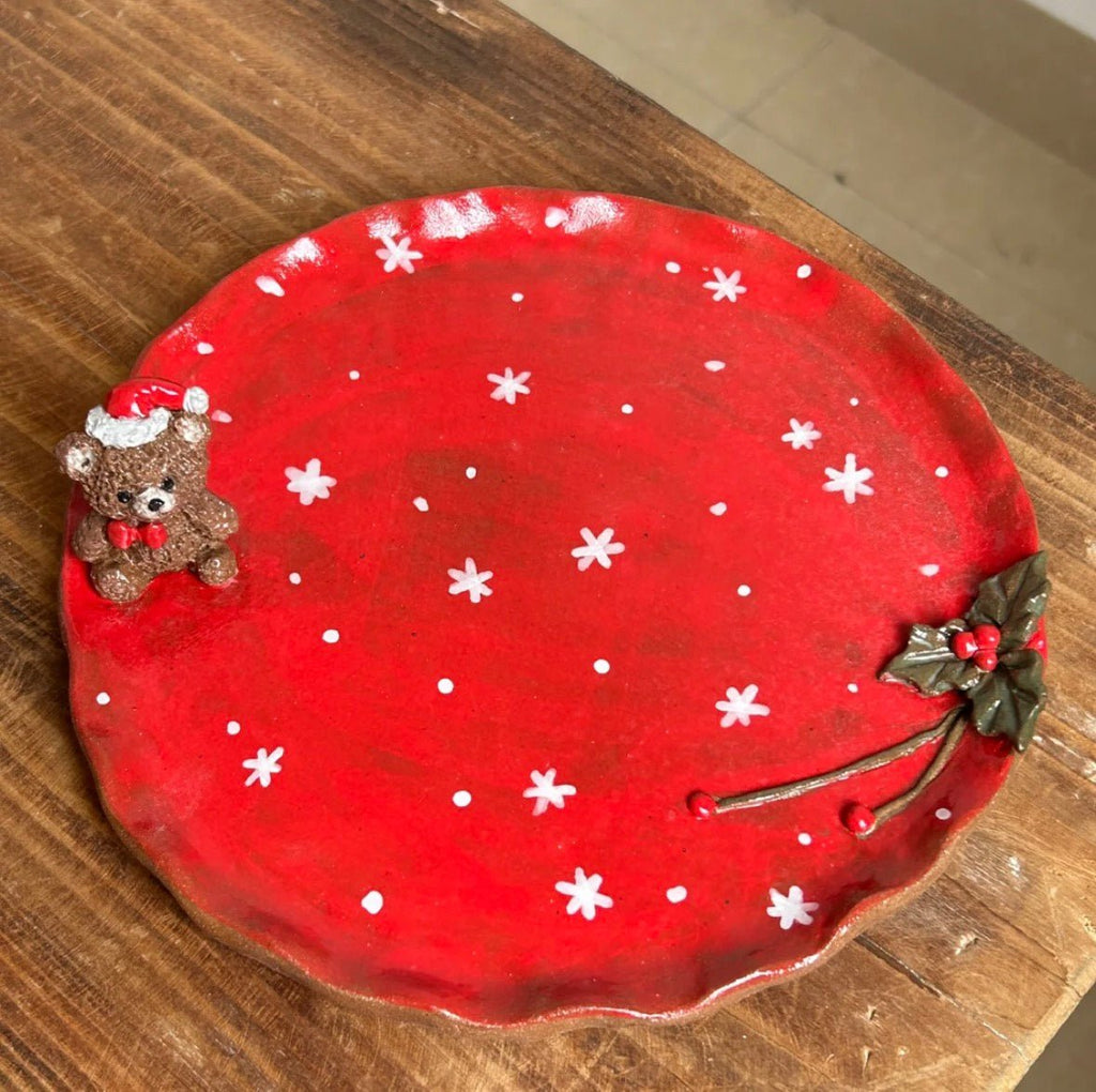 Christmas Bear Ceramic Mug & Plate Set - Hand Painted Snowflake Design, Cute Holiday Decor & Gift for Her - Artisan’s Reverie