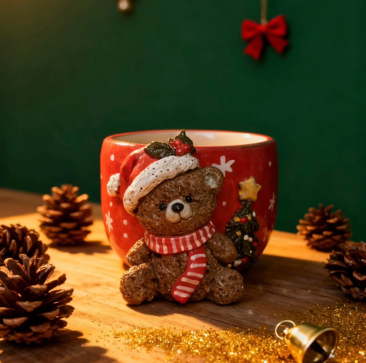 Christmas Bear Ceramic Mug & Plate Set - Hand Painted Snowflake Design, Cute Holiday Decor & Gift for Her - Artisan’s Reverie