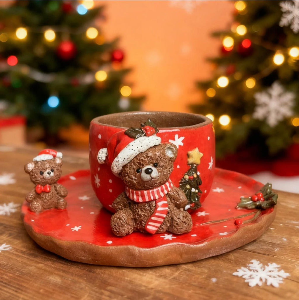 Christmas Bear Ceramic Mug & Plate Set - Hand Painted Snowflake Design, Cute Holiday Decor & Gift for Her - Artisan’s Reverie