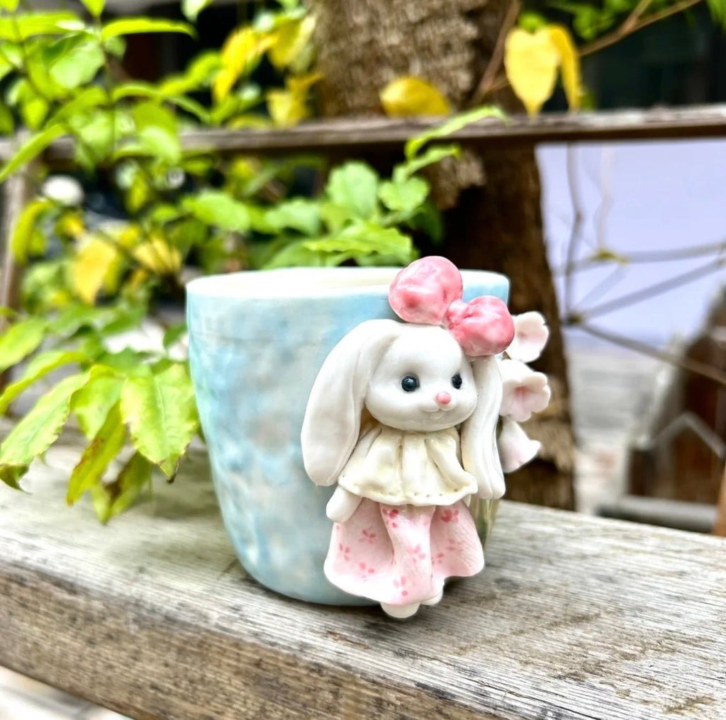 Handmade Bunny in Garden Ceramic Mug - 3D Rabbit Figurine, Gift for Women, Cute Tea Coffee Cup - Artisan’s Reverie