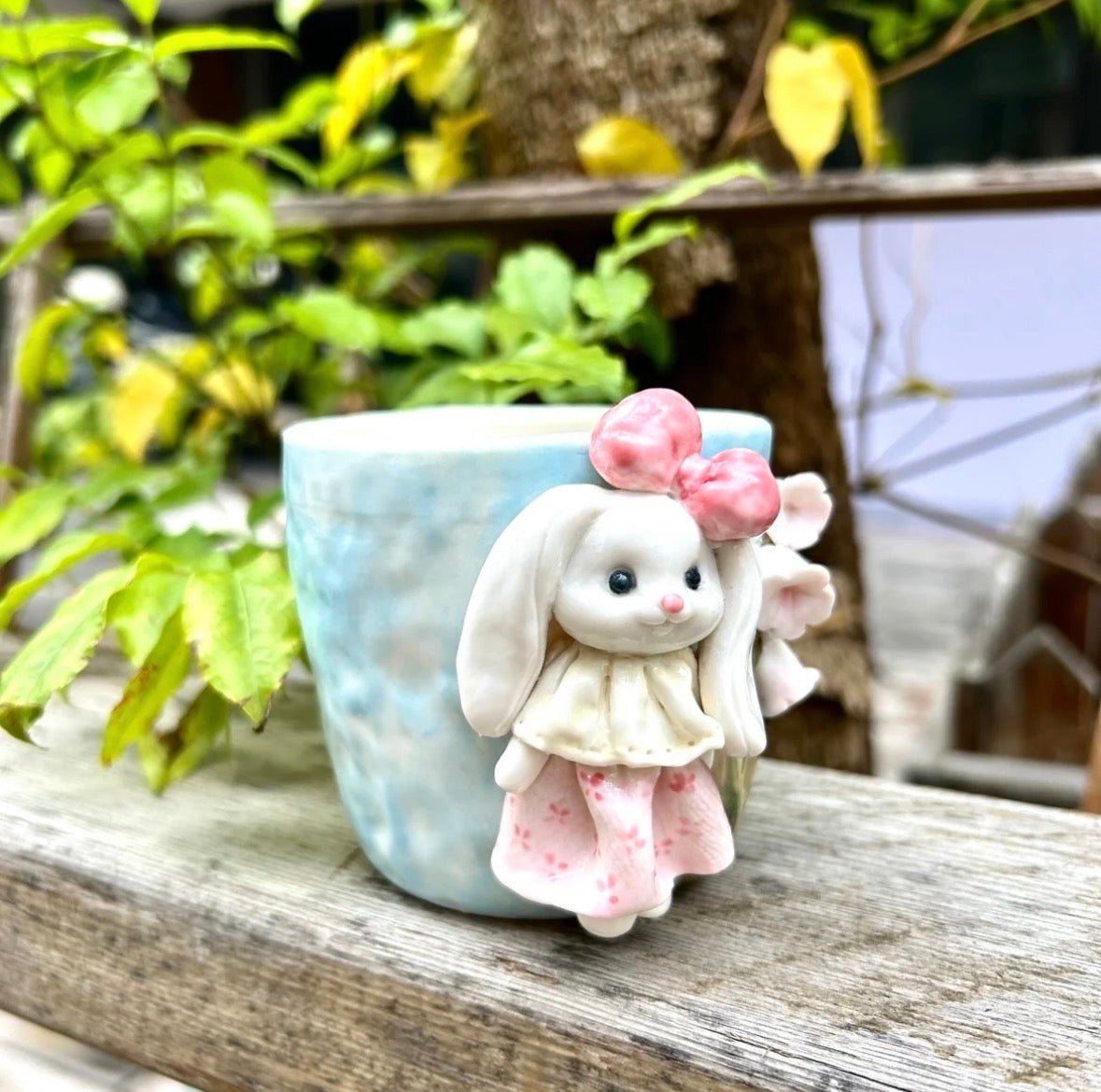 Handmade Bunny in Garden Ceramic Mug - 3D Rabbit Figurine, Gift for Women, Cute Tea Coffee Cup - Artisan’s Reverie
