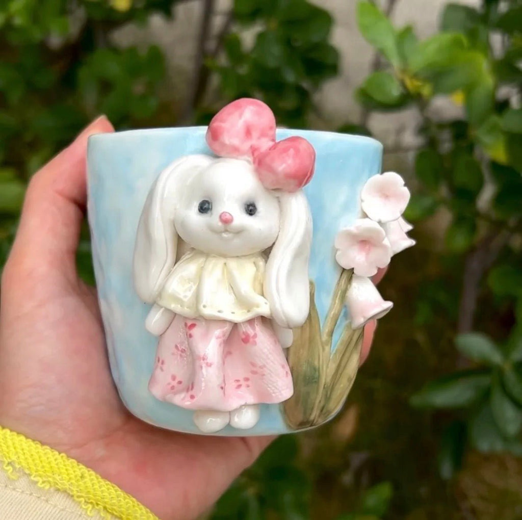 Handmade Bunny in Garden Ceramic Mug - 3D Rabbit Figurine, Gift for Women, Cute Tea Coffee Cup - Artisan’s Reverie