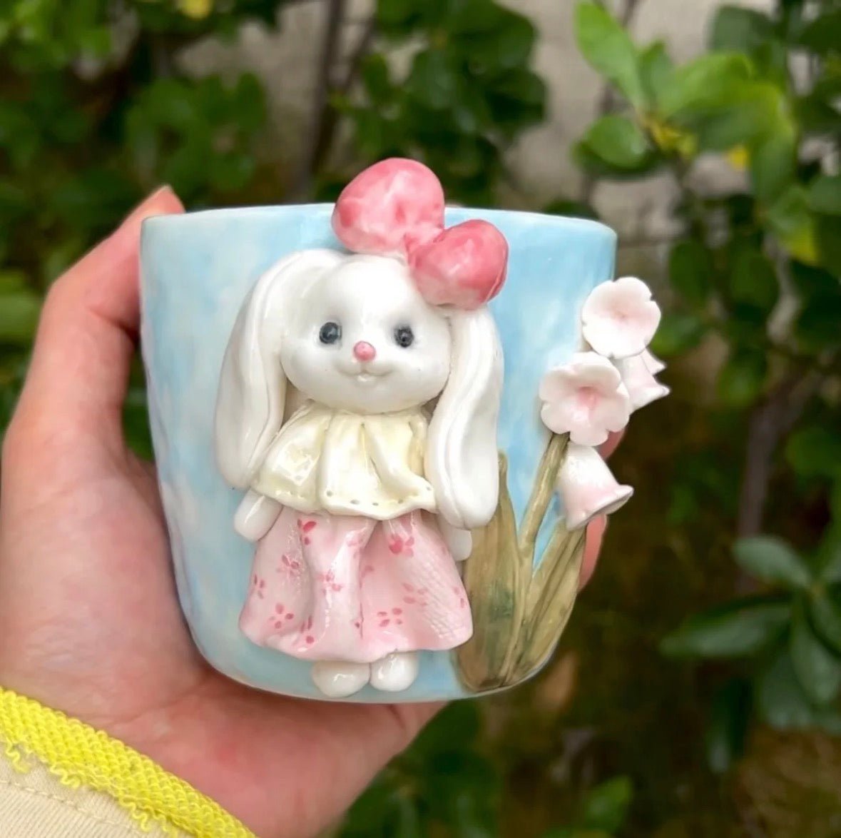 Handmade Bunny in Garden Ceramic Mug - 3D Rabbit Figurine, Gift for Women, Cute Tea Coffee Cup - Artisan’s Reverie