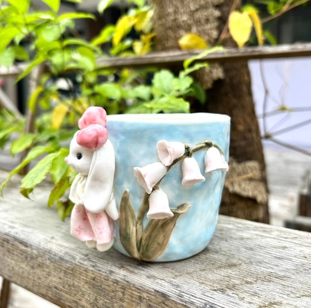 Handmade Bunny in Garden Ceramic Mug - 3D Rabbit Figurine, Gift for Women, Cute Tea Coffee Cup - Artisan’s Reverie