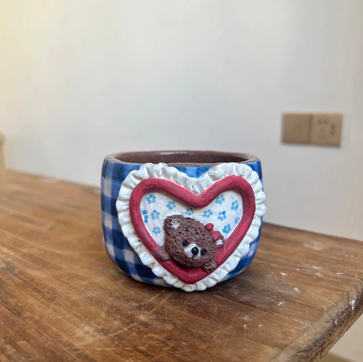 Handmade Cottagecore Ceramic Set - Blue Gingham Bear Mug, Storage Jar & Flower Pot, Rustic Home Decor Gift - Artisan’s Reverie