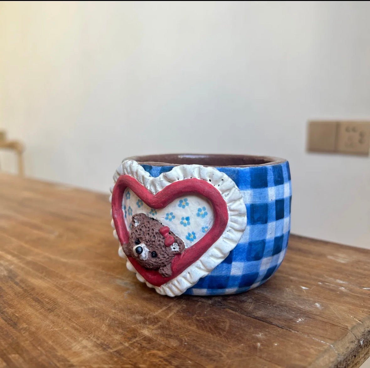 Handmade Cottagecore Ceramic Set - Blue Gingham Bear Mug, Storage Jar & Flower Pot, Rustic Home Decor Gift - Artisan’s Reverie