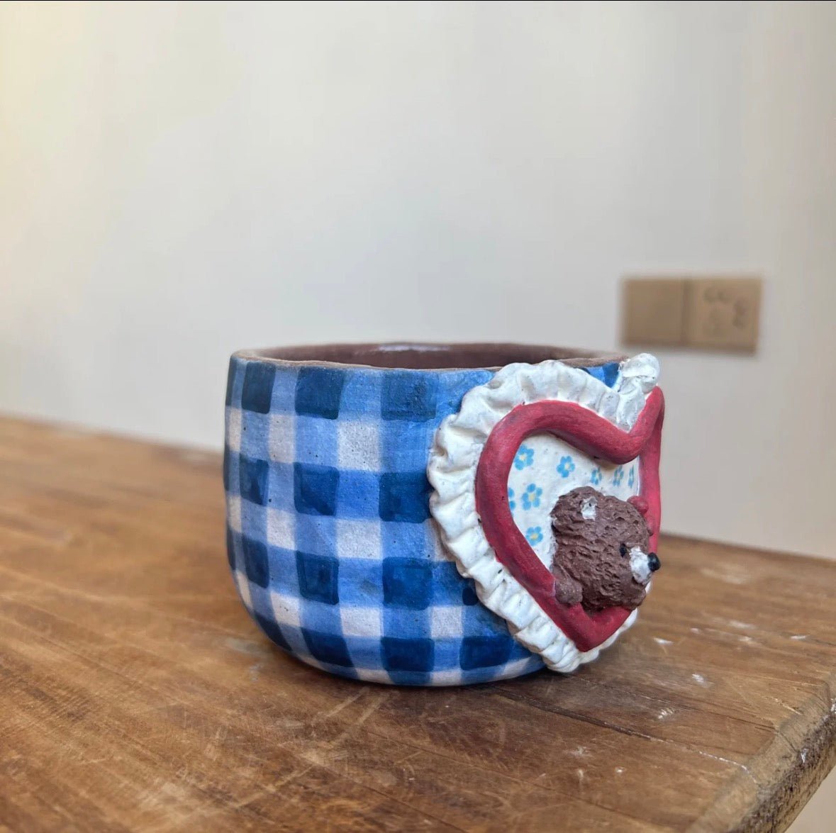 Handmade Cottagecore Ceramic Set - Blue Gingham Bear Mug, Storage Jar & Flower Pot, Rustic Home Decor Gift - Artisan’s Reverie