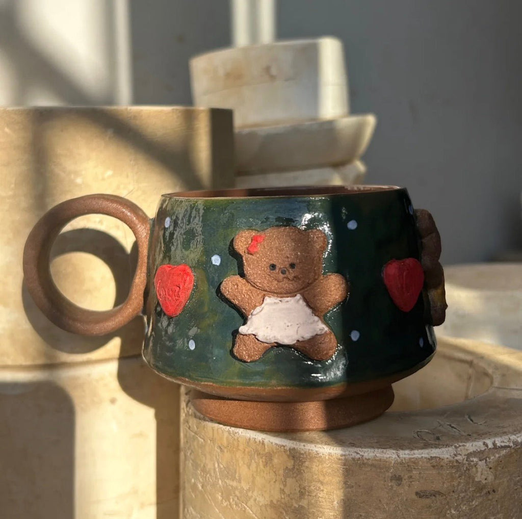 Handmade Green Ceramic Bear Mug Collection - 3D Embossed Ceramic Cups with Bow, Overalls & Bowtie, Artisan Coffee Mug Set - Artisan’s Reverie
