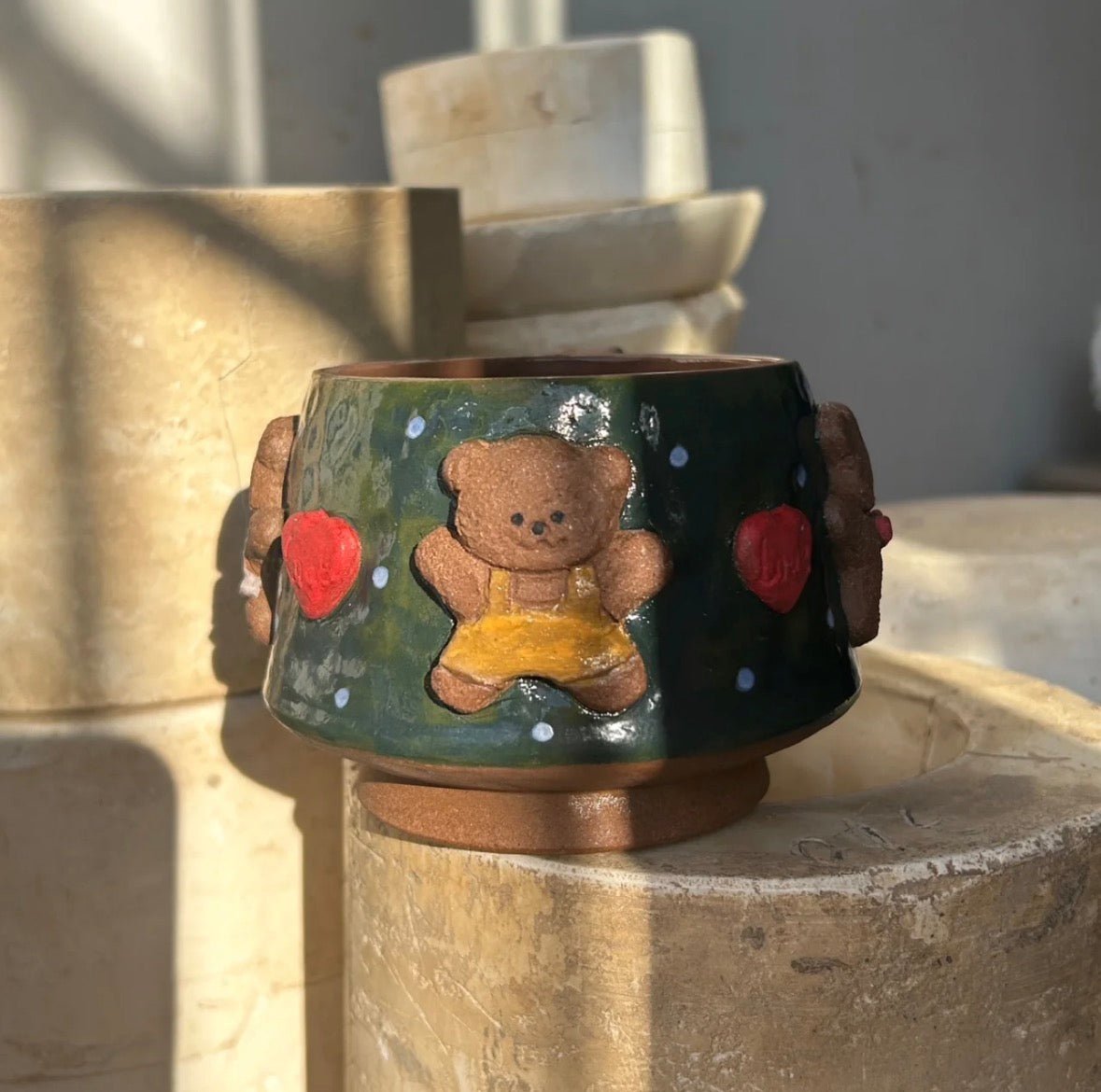 Handmade Green Ceramic Bear Mug Collection - 3D Embossed Ceramic Cups with Bow, Overalls & Bowtie, Artisan Coffee Mug Set - Artisan’s Reverie