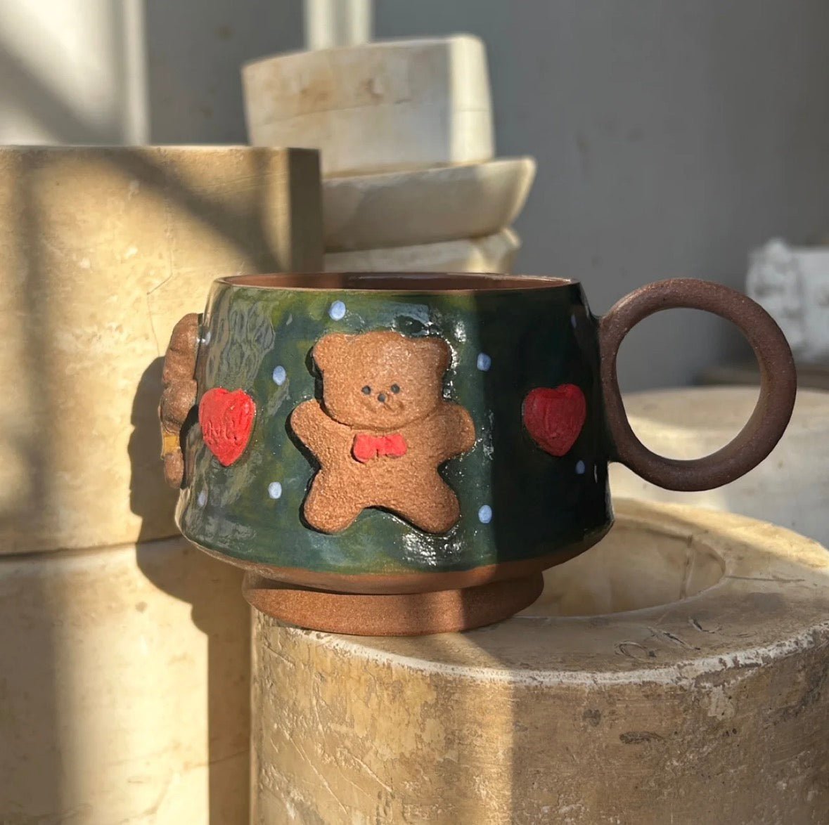 Handmade Green Ceramic Bear Mug Collection - 3D Embossed Ceramic Cups with Bow, Overalls & Bowtie, Artisan Coffee Mug Set - Artisan’s Reverie