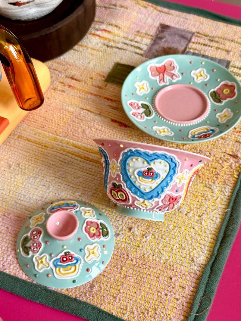 Tea Cup & Coffee Mug, Handmade Jingdezhen Ceramic Set with 3D Sprinkle, Heart & Floral Pattern | Cute Tea Cups, Heart & Floral Pattern, Collectible Art Gift - Artisan’s Reverie