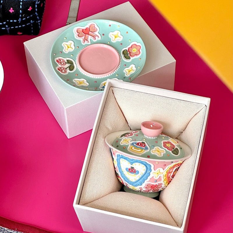 Tea Cup & Coffee Mug, Handmade Jingdezhen Ceramic Set with 3D Sprinkle, Heart & Floral Pattern | Cute Tea Cups, Heart & Floral Pattern, Collectible Art Gift - Artisan’s Reverie