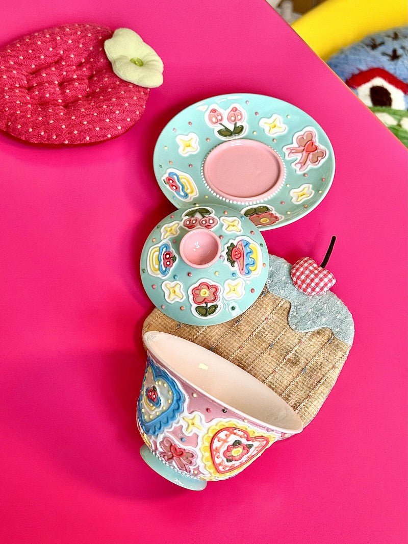 Tea Cup & Coffee Mug, Handmade Jingdezhen Ceramic Set with 3D Sprinkle, Heart & Floral Pattern | Cute Tea Cups, Heart & Floral Pattern, Collectible Art Gift - Artisan’s Reverie