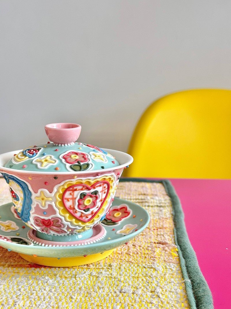 Tea Cup & Coffee Mug, Handmade Jingdezhen Ceramic Set with 3D Sprinkle, Heart & Floral Pattern | Cute Tea Cups, Heart & Floral Pattern, Collectible Art Gift - Artisan’s Reverie