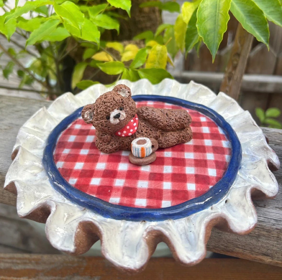 Vintage Teddy Bear & Gingham Home Decor Set - Ceramic Figurine, Plush Bear, Decorative Tray for Cozy Cottagecore Shelf - Artisan’s Reverie