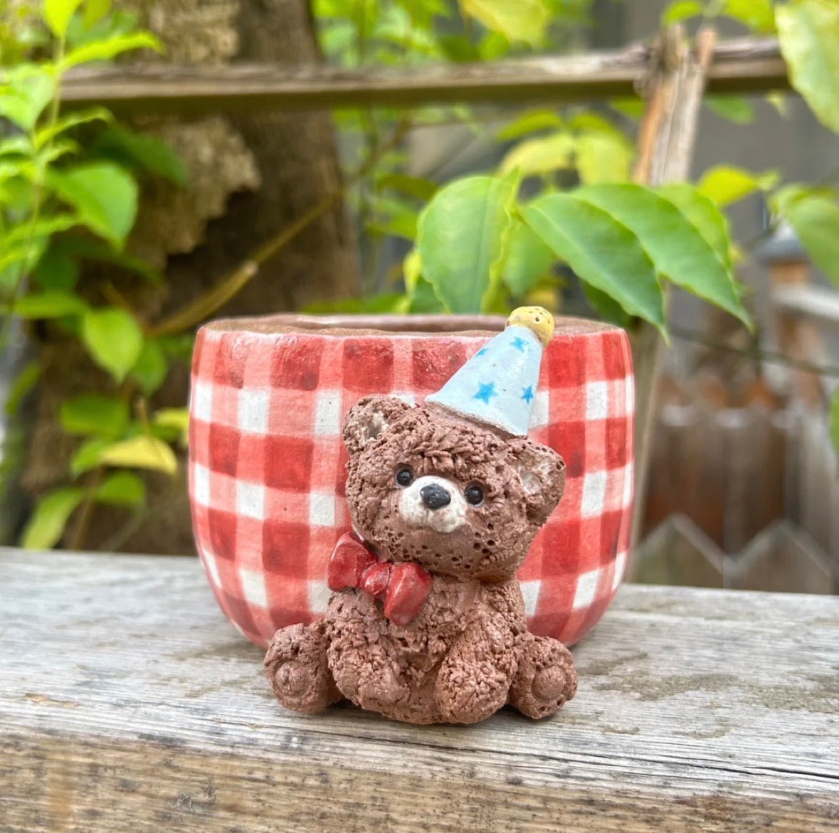 Vintage Teddy Bear & Gingham Home Decor Set - Ceramic Figurine, Plush Bear, Decorative Tray for Cozy Cottagecore Shelf - Artisan’s Reverie