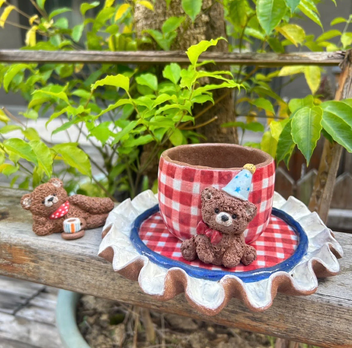 Vintage Teddy Bear & Gingham Home Decor Set - Ceramic Figurine, Plush Bear, Decorative Tray for Cozy Cottagecore Shelf - Artisan’s Reverie
